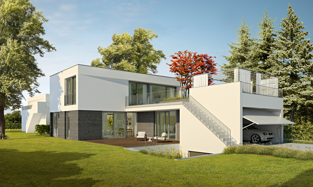 Aussenansicht der modernen Villa mit Garage, Terrassenbereicht und großzügiger Garten