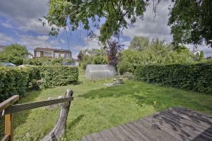 großer Garten mit vielen Freiflächen, kleines Gewächshaus