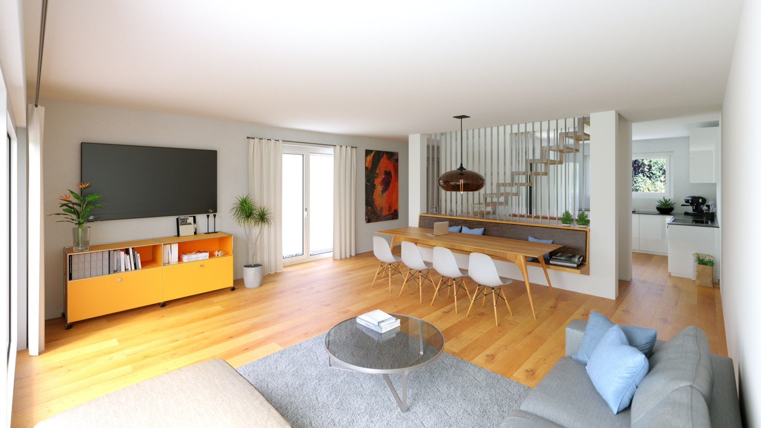 Wohnraum mit Holzboden, Esstisch und Fernsehecke