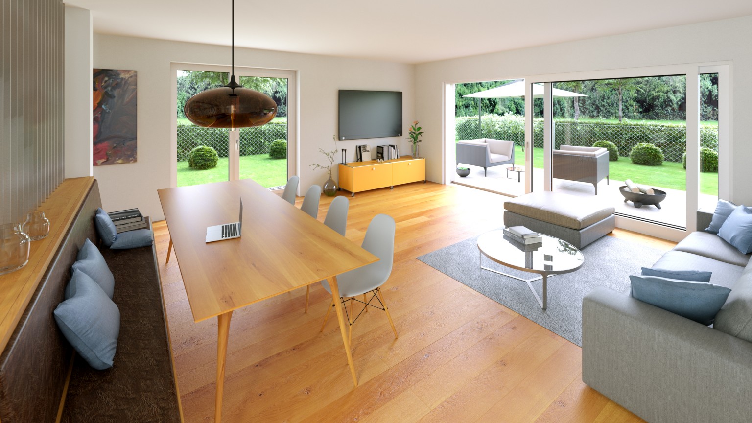 Wohnzimmer mit Holzboden, Esstisch und große Fensterfronten mit Blick in den Garten